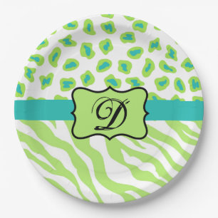 Grünes weißes Zebra-Leopard-Monogramm Pappteller