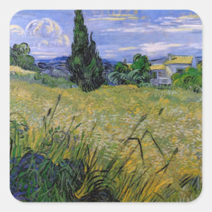 Grünes Weizenfeld mit Zypresse von Van Gogh. Quadratischer Aufkleber