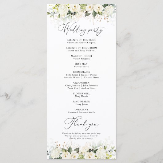 Grünes White Roses Hochzeitsprogramm Programm (Rückseite)