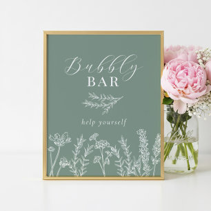 Grünes Wildblumen-Brautabschied-Bubbly-Bar-Schild Poster