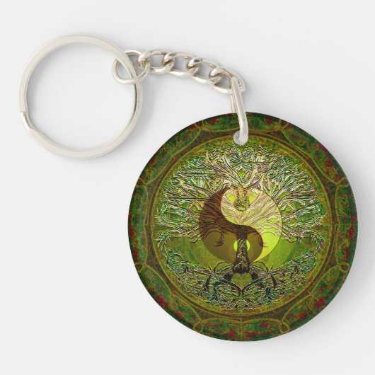 Grünes Yin Yang mit Baum des Lebens Schlüsselanhänger (Vorderseite)