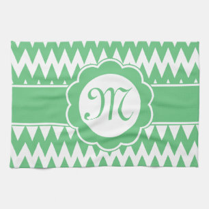 Grünes Zickzack Muster und Monogramm-Blume Handtuch