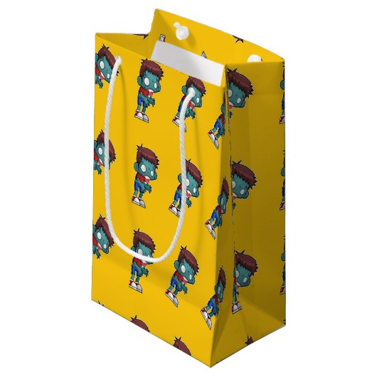Grünes Zombie-Kind in Orange Kleine Geschenktüte (Vorderseite Schrägansicht)