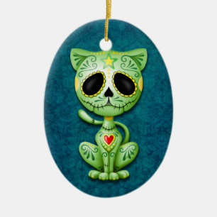 Grünes Zombie-Zuckerkätzchen auf Blau Keramik Ornament