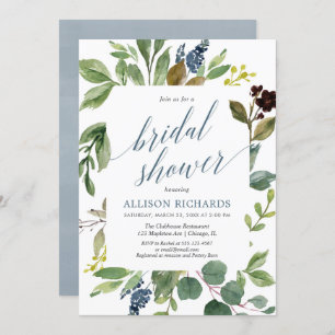 Grüneukalyptusgrün verlässt staubiges blaues Braut Einladung