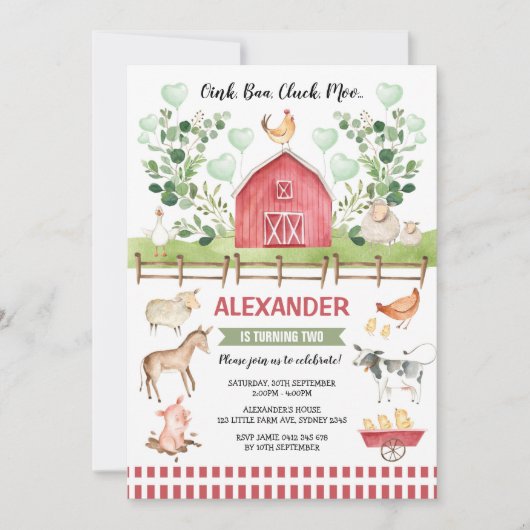 Grünfarm Barnyard Tiere Geburtstag Bash Einladung (Vorderseite)