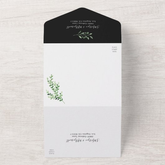 Grünfoliage-Blätter Botanische Hochzeit Schwarz All In One Einladung (Außenbereich)