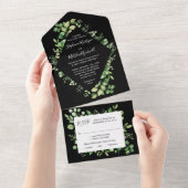 Grünfoliage-Blätter Botanische Hochzeit Schwarz All In One Einladung (Abreißen)