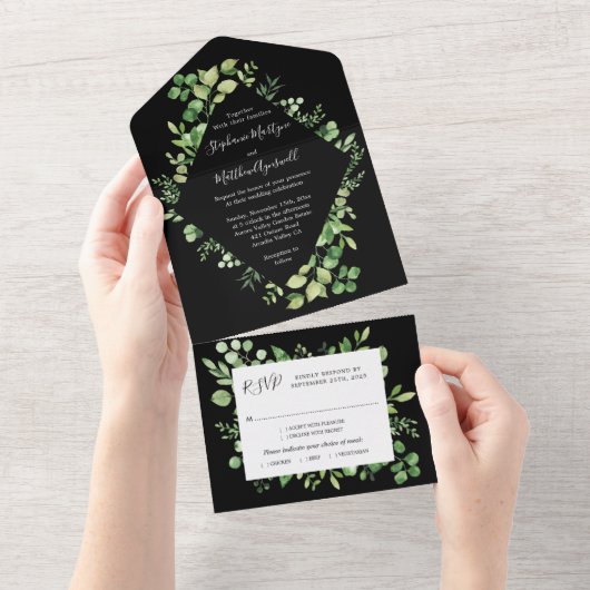 Grünfoliage-Blätter Botanische Hochzeit Schwarz All In One Einladung (Abreißen)