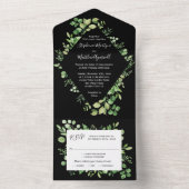 Grünfoliage-Blätter Botanische Hochzeit Schwarz All In One Einladung (Innen Boden)