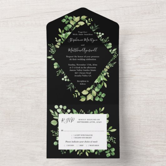 Grünfoliage-Blätter Botanische Hochzeit Schwarz All In One Einladung (Innen Boden)