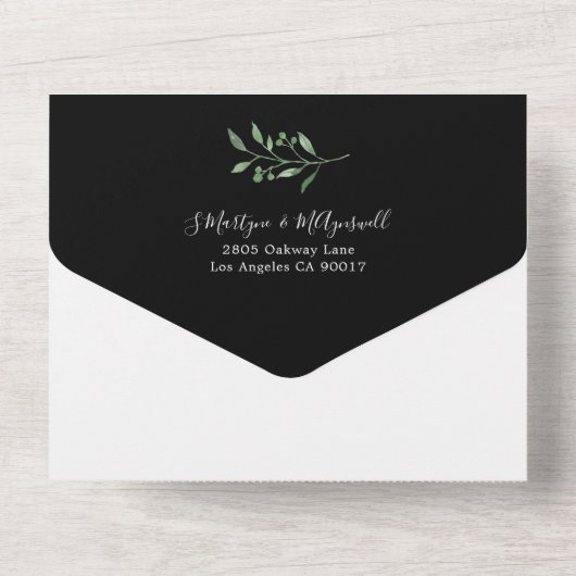 Grünfoliage-Blätter Botanische Hochzeit Schwarz All In One Einladung (Rückseite)
