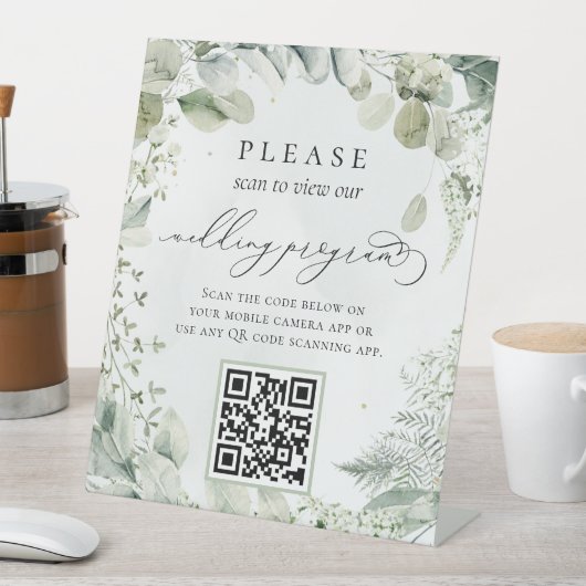 Grünfoliage Botanischer QR-Code Hochzeitsprogramm Sockelschild (In Situ)