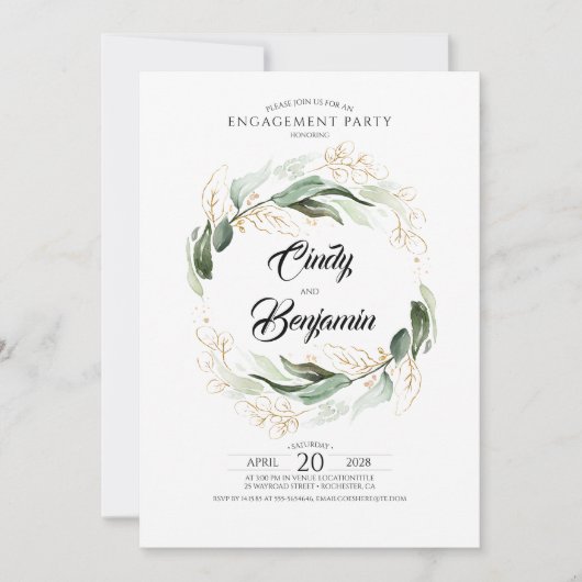 Grünfoliage und Gold Blätter Engagement Partei Einladung (Vorderseite)