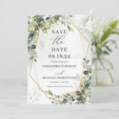 Grünfolien eucalyptus verlasse geometrisch goldfar save the date (Stehend Vorderseite)