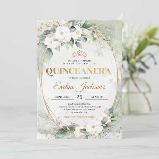 Grünfolien Goldtiara Krone Quinceañera Einladung (Stehend Vorderseite)