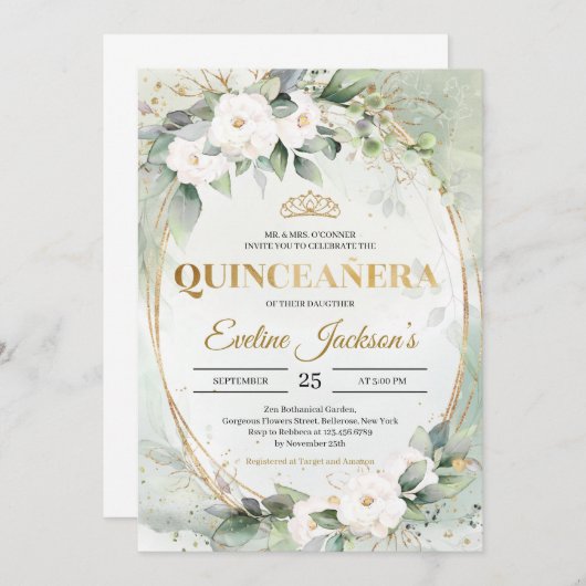 Grünfolien Goldtiara Krone Quinceañera Einladung (Vorne/Hinten)