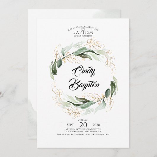 Grünfolien und Gold Blätter Taufe Einladung (Vorne/Hinten)