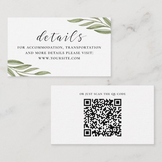 Grünfolienskripte Hochzeitsdetails + QR-Code Begleitkarte (Vorne/Hinten)