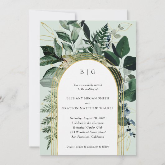 Grüngarten, Moderne botanische Bogenhochzeit Einladung (Vorderseite)