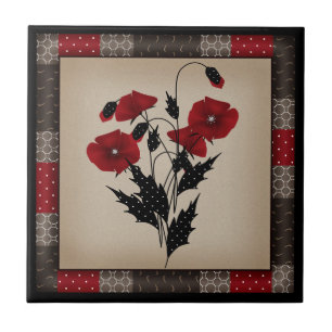Grunge altmodische Retro Vintage Mohn rote Blumen  Fliese
