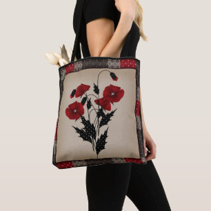 Grunge altmodische Retro-Vintage-Mohn rote Blumen Tasche