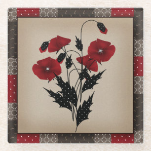 Grunge altmodische Retro-Vintage-Mohnblumen rote B Glasuntersetzer