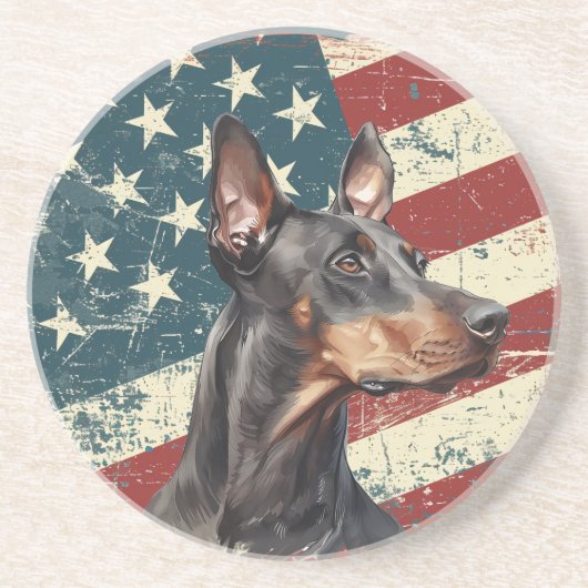Grunge American Flag Dobermann Pinscher Hund Getränkeuntersetzer (Vorne)