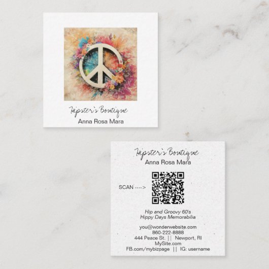 *~* Grunge AP57 Boho QR Peace Symbol Floral Quadratische Visitenkarte (Vorne/Hinten)