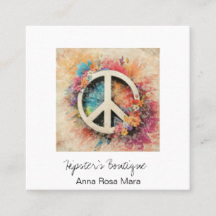 *~* Grunge AP57 Boho QR Peace Symbol Floral Quadratische Visitenkarte