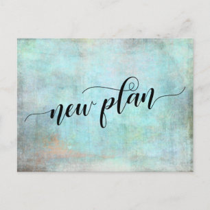 Grunge Aqua "Neuer Plan" Aufgeschobene Hochzeitsan Postkarte