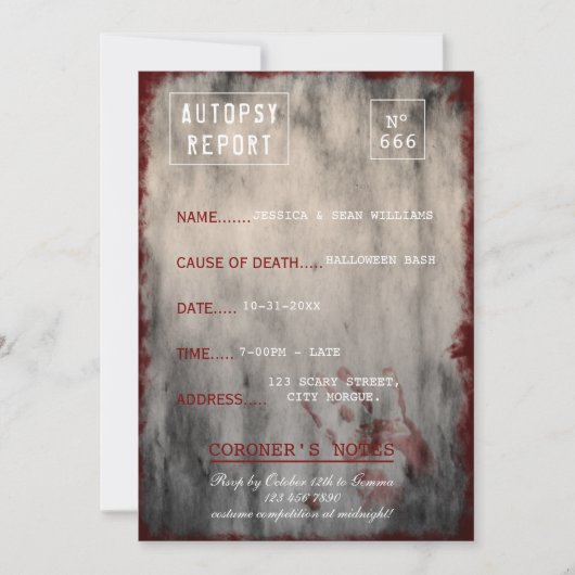 Grunge Autopsy Report Halloween Bash Einladung (Vorderseite)