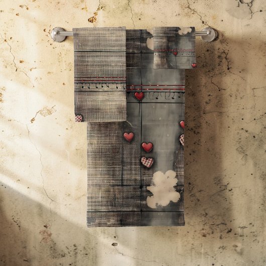 Grunge Black and Cream with Red Hearts Badhandtuch Set