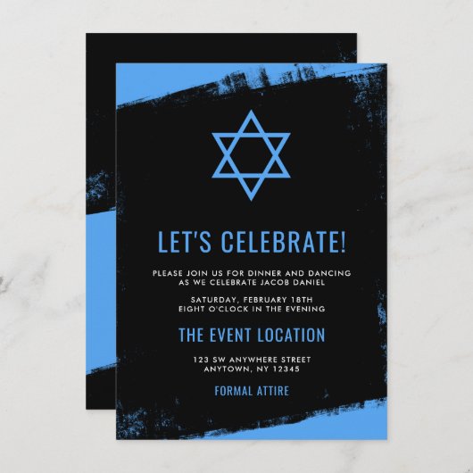 Grunge Blue Black Bar Mitzvah Empfang Einladung (Vorne/Hinten)