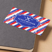 Grunge Blue & Red Stripes Schere Barbershop Visitenkarte
