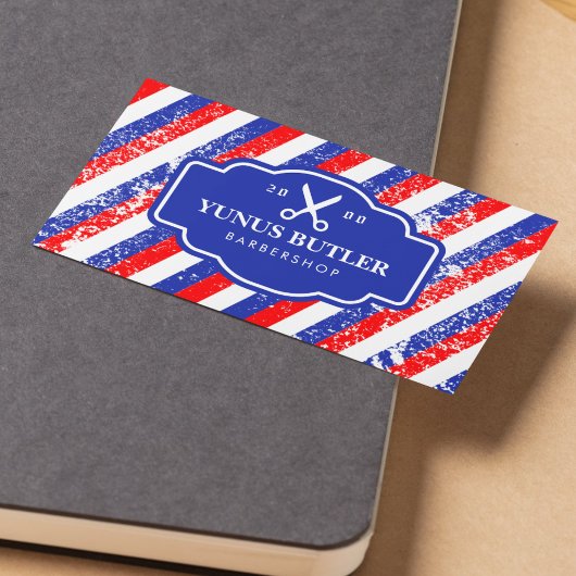 Grunge Blue & Red Stripes Schere Barbershop Visitenkarte