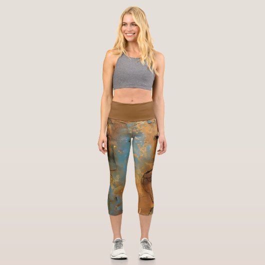 Grunge Blue und Gold Textur Hintergrund Capri Leggings (Vorderseite)
