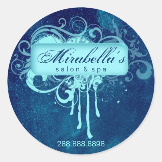 Grunge Blumenaufkleber Salon Wellness-Center Blau Runder Aufkleber (Vorderseite)