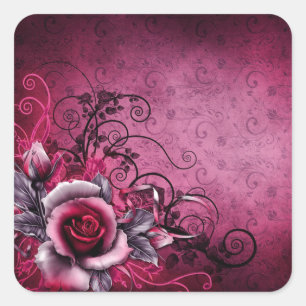 Grunge botanische magentarote rosa Mit BlumenRose Quadratischer Aufkleber