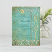 Grunge Damask Bat Mitzvah/aquamarin/gold Einladung (Stehend Vorderseite)