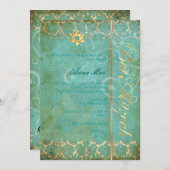 Grunge Damask Bat Mitzvah/aquamarin/gold Einladung (Vorne/Hinten)