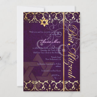 Grunge Damask Bat Mitzvah/plum/gold Einladung