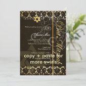 Grunge Damask Bat Mitzvah/Schwarz/Gold Einladung (Stehend Vorderseite)