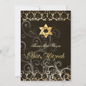 Grunge Damask Bat Mitzvah/Schwarz/Gold Einladung (Rückseite)