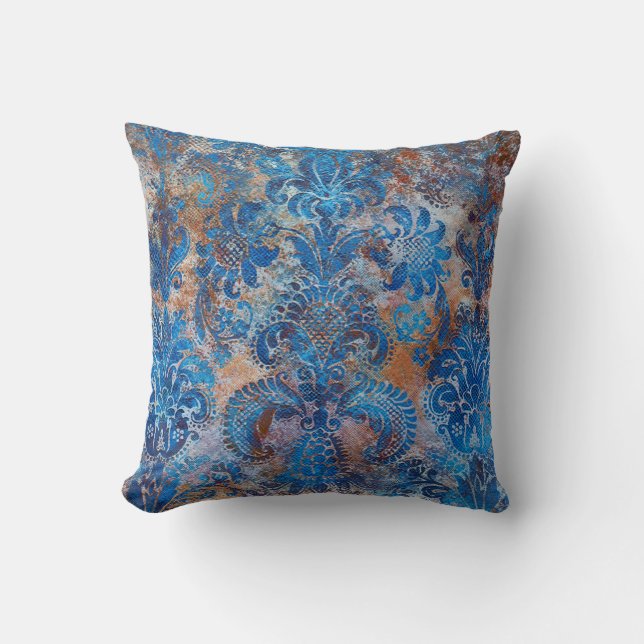 Grunge Damask Cobalt Blue Rust Orange Kissen (Vorderseite)