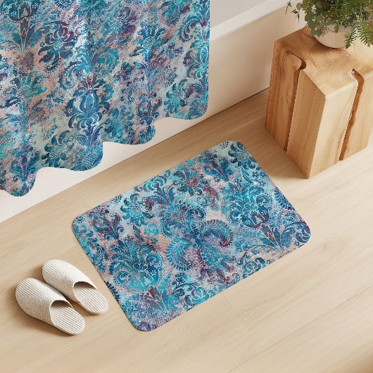 Grunge Damask Denim Blue Burgundy Peach Blush Pink Badematte