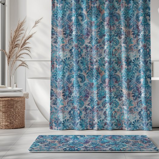 Grunge Damask Denim Blue Burgundy Peach Blush Pink Duschvorhang