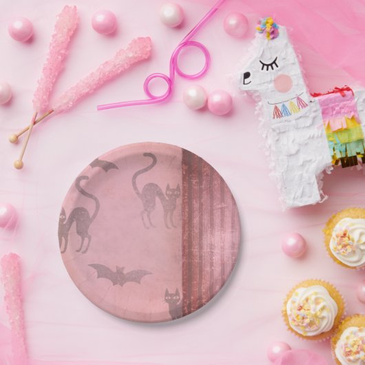 Grunge Dusty Pink Katzen Fledermäuse & Streifen Ha Pappteller (Party)