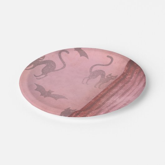Grunge Dusty Pink Katzen Fledermäuse & Streifen Ha Pappteller (Schrägansicht)