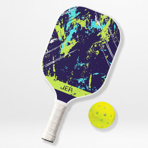 Grunge-Farbspritzer-Monogramm-Initialen Blaue Spor Pickleball Schläger